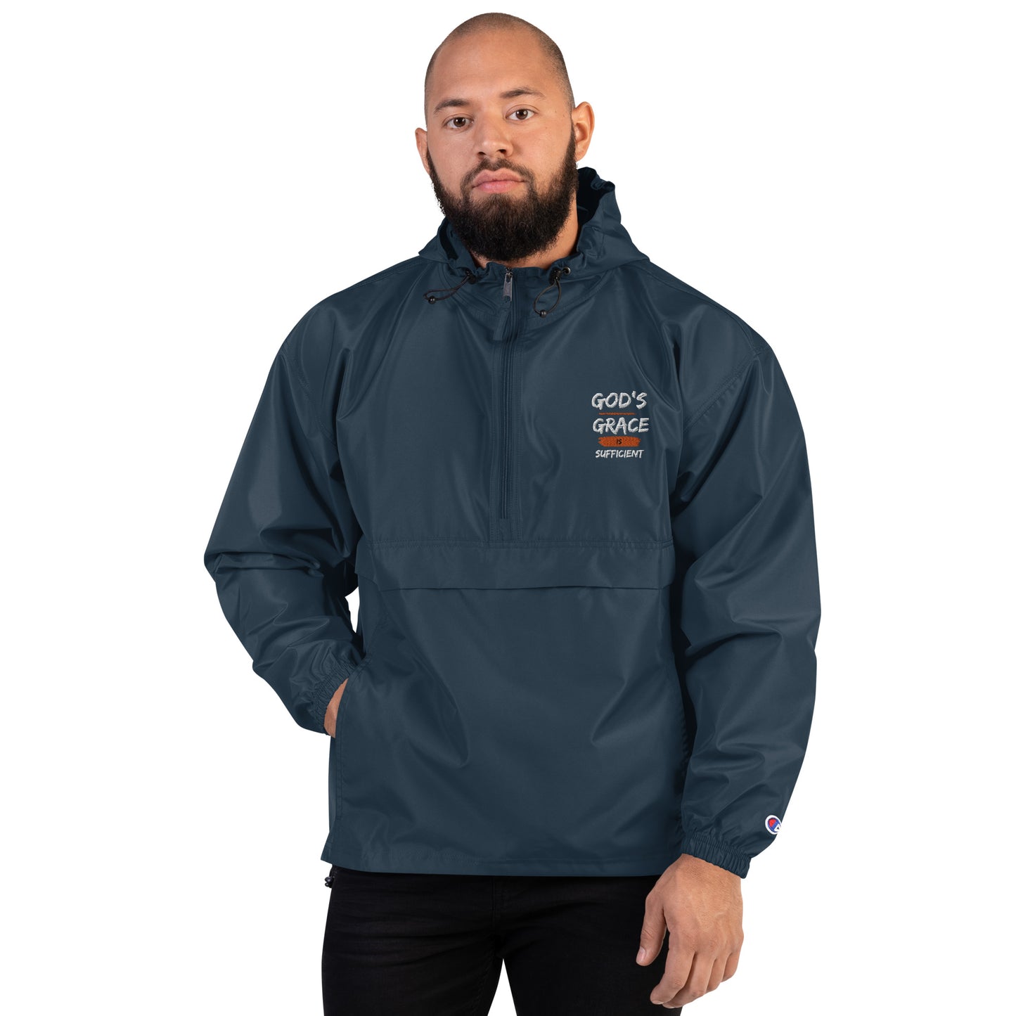 'Sufficient' Embroidered Champion Packable Jacket - Quall Co